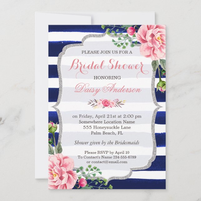 Invitación Ducha nupcial Bandas azules rosadas de plata flora (Anverso)