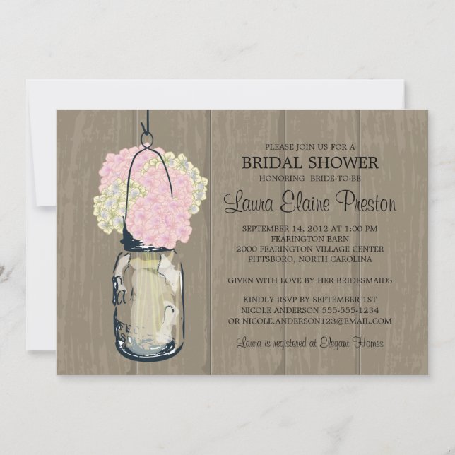 Invitación Ducha nupcial Barn Wood Mason Jar Hydrangeas (Anverso)