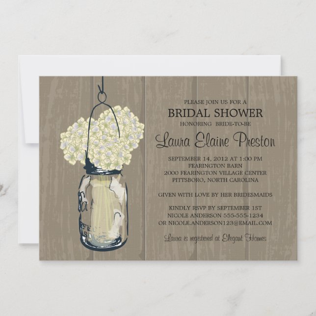 Invitación Ducha nupcial Barn Wood Mason Jar Hydrangeas (Anverso)