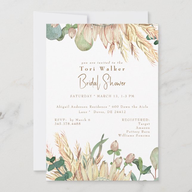 Invitación Ducha nupcial blanca Boho Pampas (Anverso)