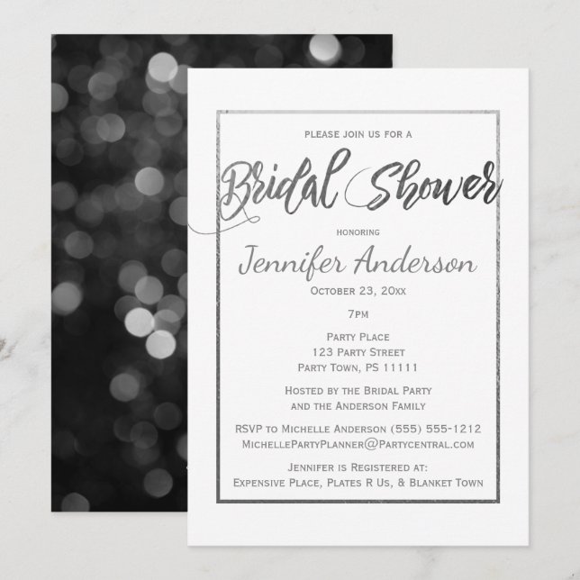 Invitación Ducha nupcial blanca negra de los gris plateados (Anverso / Reverso)