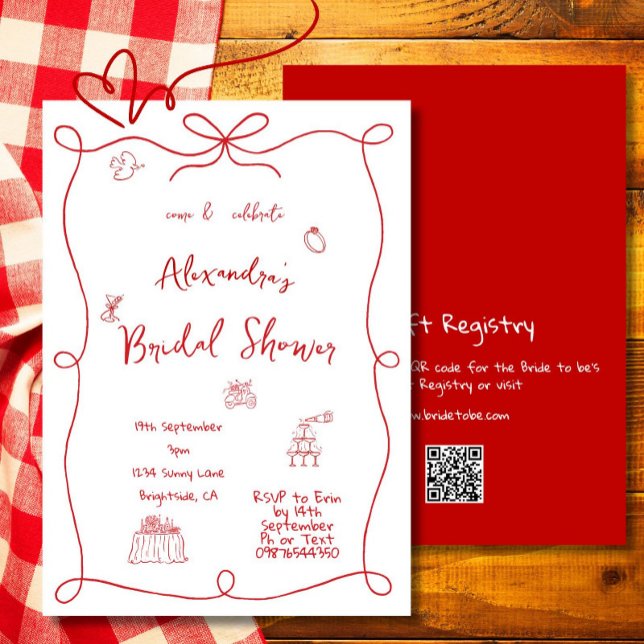 Invitación Ducha nupcial Blanco rojo manuscrito (Subido por el creador)