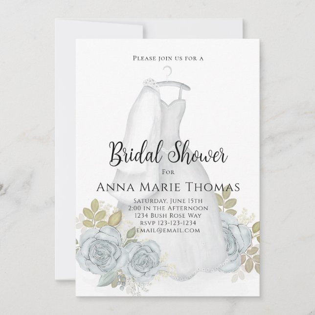 Invitación Ducha nupcial Boda Vestido Elegante Floral Azul (Anverso)
