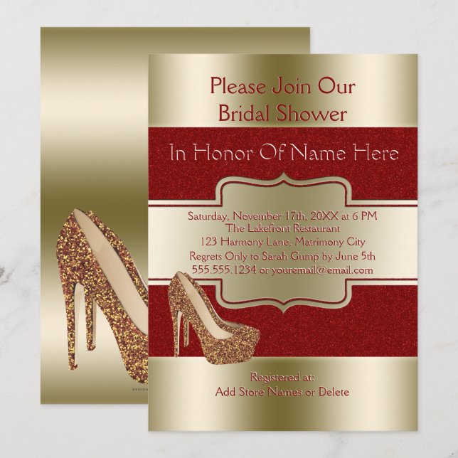 Invitación Ducha nupcial Boda| Zapatos Purpurinas Red Gold (Anverso / Reverso)