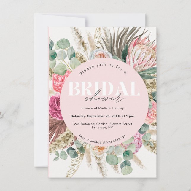 Invitación Ducha nupcial bohemiana con flores rosadas de Rubo (Anverso)