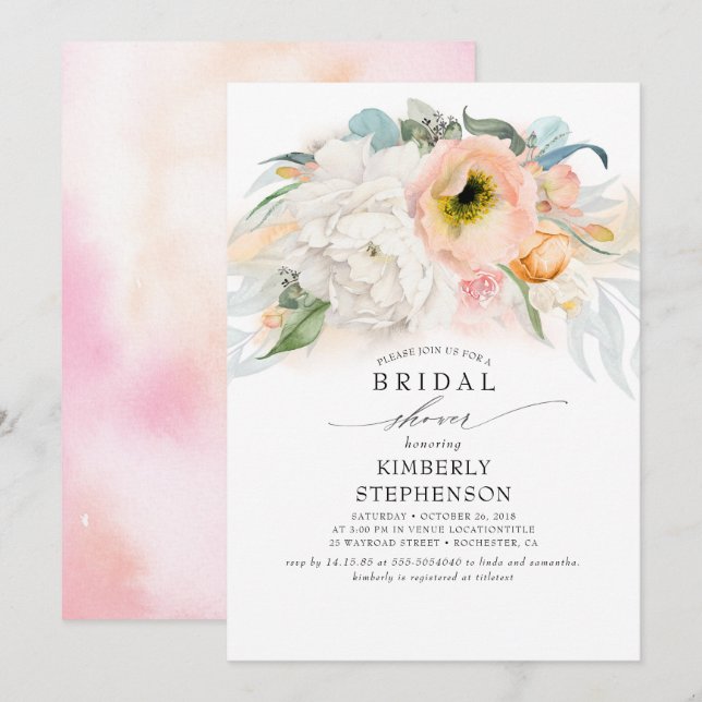 Invitación Ducha nupcial bohemiana de color rosa y blanco (Anverso / Reverso)