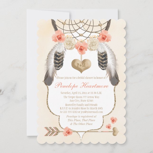 Invitación Ducha nupcial Boho Dreamcatcher Gold y Rubor (Anverso)
