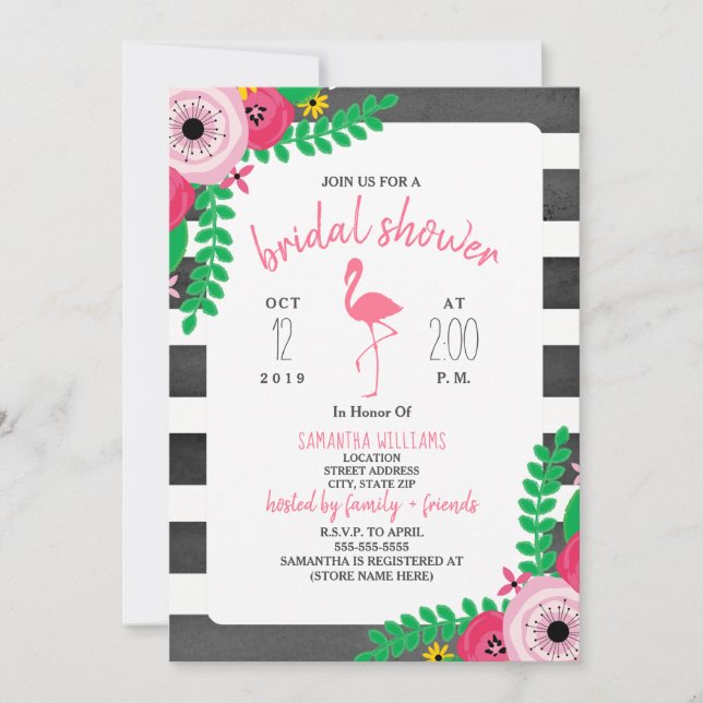Invitación Ducha nupcial Boho Flamingo - Rosa + Negro (Anverso)