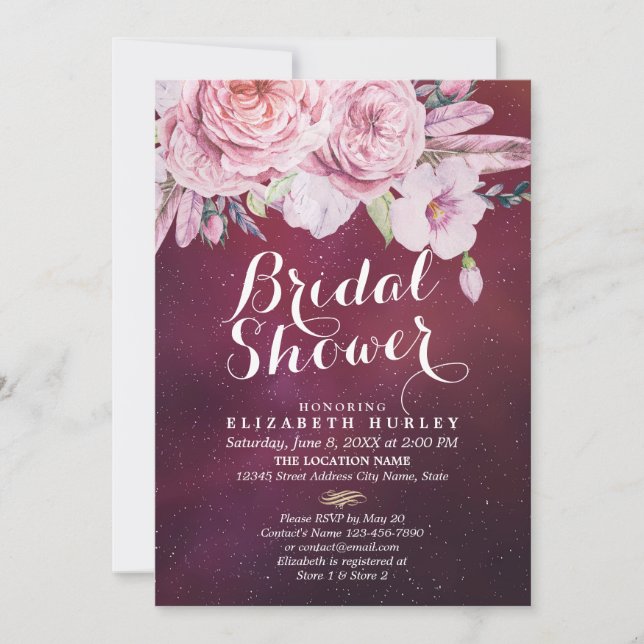 Invitación Ducha nupcial Boho Floral Fethers Burgundy Red (Anverso)