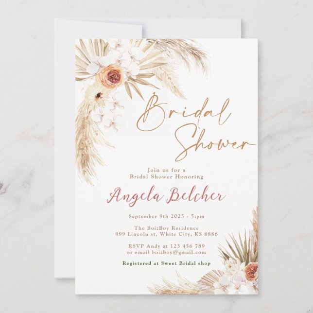 Invitación Ducha nupcial Boho Pampas Ducha de novia (Anverso)