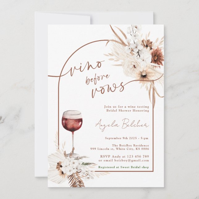 Invitación Ducha nupcial Boho pampas Grass and Wine (Anverso)
