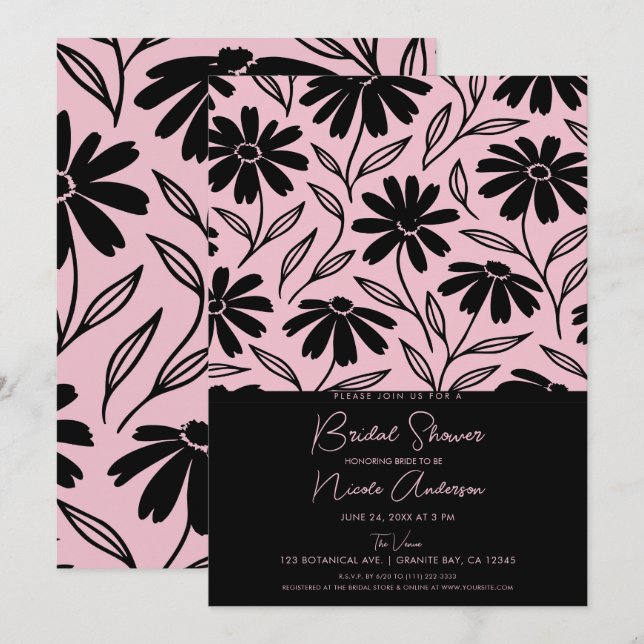 Invitación Ducha Nupcial Boho Rosada con Tinta Negra (Anverso / Reverso)