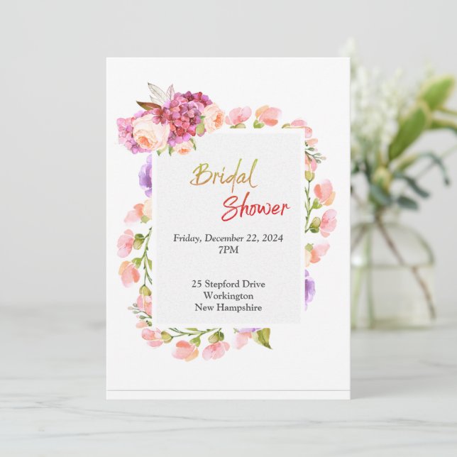Invitación Ducha nupcial, borde floral rosa (Anverso de pie)