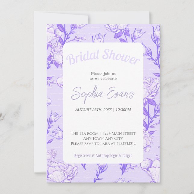 Invitación Ducha nupcial bordeada de flores moradas y blancas (Anverso)