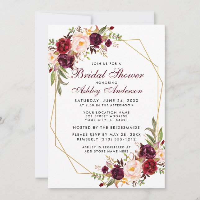 Invitación Ducha nupcial Borgoña Floral Geométrica Marco Oro (Anverso)