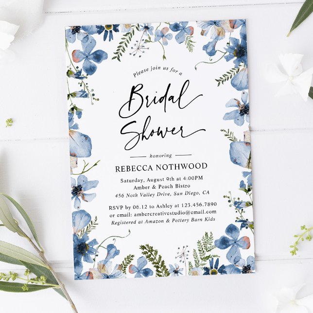 Invitación Ducha nupcial botánica de Boho Dusky Blue Florals (Subido por el creador)