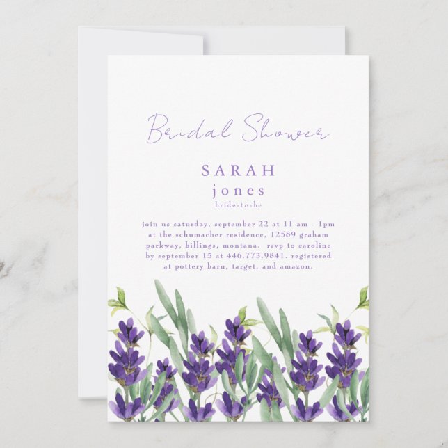 Invitación Ducha nupcial botánica de lavanda (Anverso)
