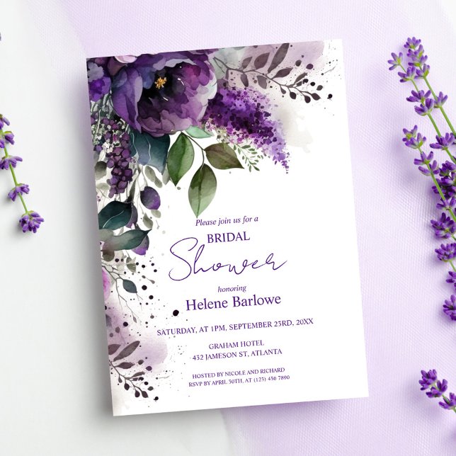 Invitación Ducha Nupcial Botánica Elegante Morada Floral (Purple Floral Botanical Elegant Bridal Shower Invitation)