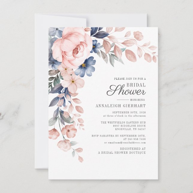 Invitación Ducha Nupcial Botánica Rosa Floral (Anverso)