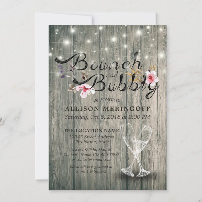 Invitación Ducha nupcial Brunch Bubbly Champagne Flutes Wood (Anverso)