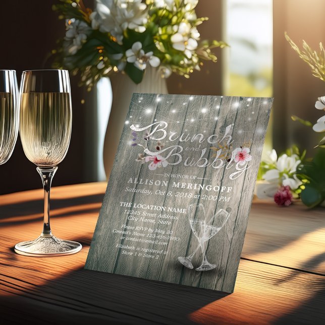 Invitación Ducha nupcial Brunch Bubbly Champagne Flutes Wood (Subido por el creador)