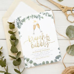 Invitación Ducha nupcial Brunch & Bubbly Eucalyptus<br><div class="desc">Crea la invitación de almuerzo nupcial perfecta con esta plantilla fácil de usar. Este elegante diseño cuenta con una corona de hojas de eucaliptos pintadas a mano, un ilustracion de dos vasos de champán, "brunch & bubbly" en letras de guiones de oro falsas, y detalles de sus fiestas en tipografía...</div>