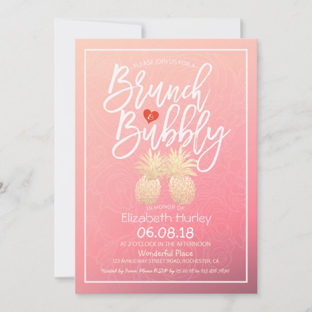 Invitación Ducha nupcial Brunch Bubbly Gold Pineapple Pareja (Anverso)