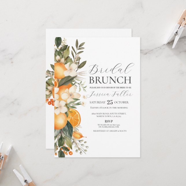 Invitación Ducha nupcial Brunch Floral Bachelorette Fruto (Anverso/Reverso In Situ)
