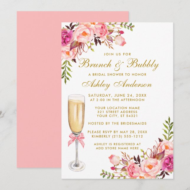 Invitación Ducha nupcial Brunch floral rosa Bubbly Gold (Anverso / Reverso)