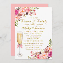 Invitación Ducha nupcial Brunch floral rosa Bubbly Gold