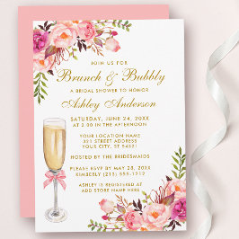 Invitación Ducha nupcial Brunch floral rosa Bubbly Gold