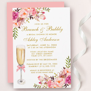 Invitación Ducha nupcial Brunch floral rosa Bubbly Gold