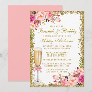 Invitación Ducha nupcial Brunch floral rosa Bubbly Purpurina