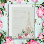 Invitación Ducha nupcial Brunch París Torre Eiffel francesa<br><div class="desc">Celebra tu futura novia en un brunch de ducha de novia con temática parisina y celebración de burbujas. Elegante invitación para almorzar con ducha de novia para la celebración francesa/parisina. Una torre Eiffel dorada está rodeada de rosas rosas rosas y blancas y hojas y follaje de eucalipto verde. Los acentos...</div>