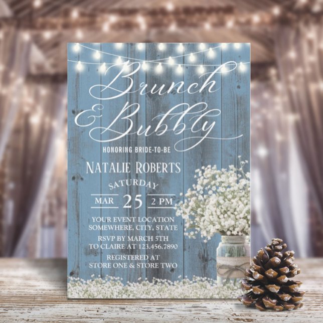 Invitación Ducha nupcial Brunch Rústico Floral Jar Dusty Azul (Subido por el creador)