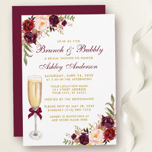 Invitación Ducha nupcial Burgundy Floral Brunch Bubbly Gold