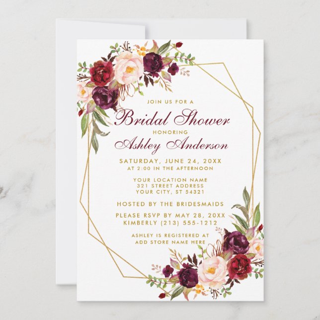 Invitación Ducha nupcial Burgundy Floral Geométrica Gold (Anverso)