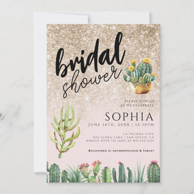Invitación Ducha nupcial Cactus Purpurina de oro Glamoroso Gl (Anverso)
