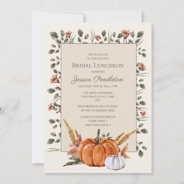 Invitación Ducha nupcial Calabazas Blancas Naranja Luncheon (Anverso)