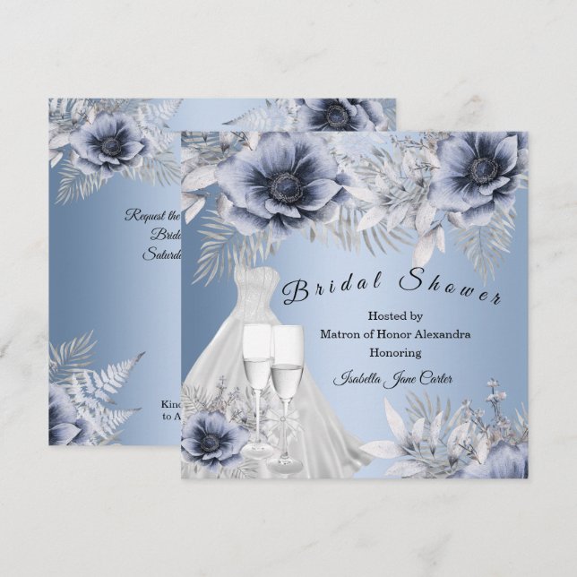 Invitación Ducha nupcial Champagne plata azul Vaso floral (Anverso / Reverso)