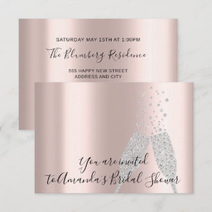 Invitación Ducha nupcial Champaigne Glass Bubbles Silver Rosa