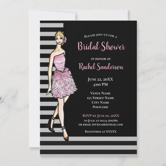 Invitación Ducha nupcial Chica rubia con vestido rosa (Anverso)