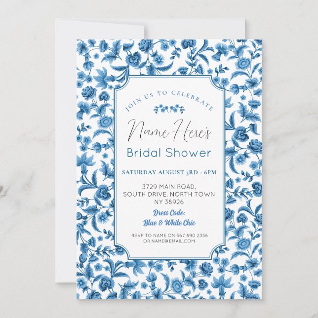 Invitación Ducha nupcial Chintz Ditsy Floral Azul y Blanca (Anverso)