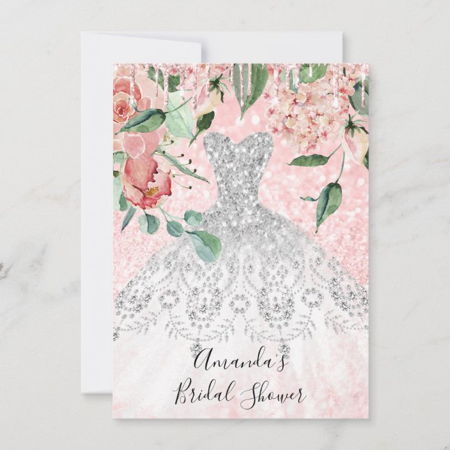 Invitación Ducha nupcial Chispa Rosa Vestido Rosa Gris Blanco (Reverso)