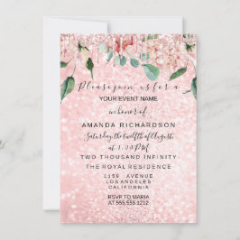 Invitación Ducha nupcial Chispa Rosa Vestido Rosa Gris Blanco