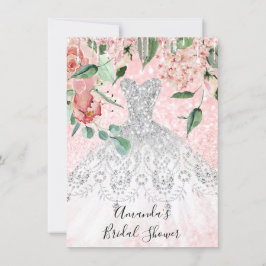 Invitación Ducha nupcial Chispa Rosa Vestido Rosa Gris Blanco