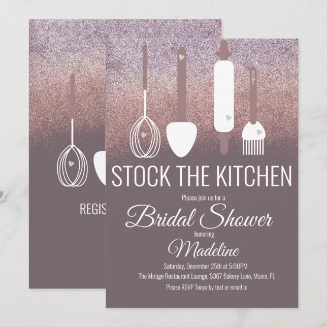 Invitación Ducha nupcial Cocina Ducha Ducha Cocina Purpurina (Anverso / Reverso)