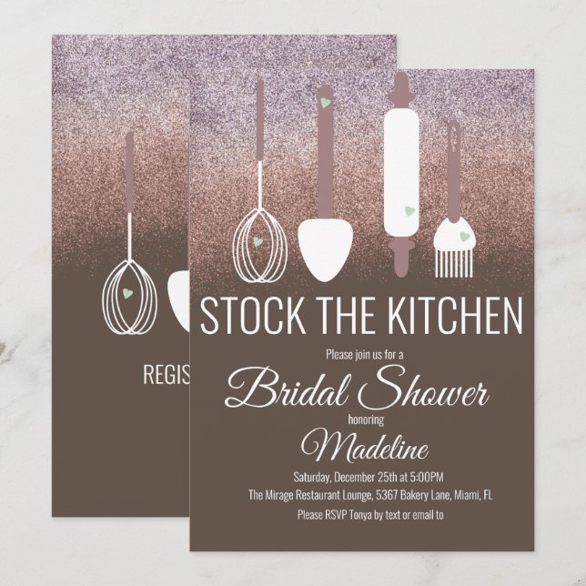 Invitación Ducha nupcial Cocina Ducha Ducha Cocina Purpurina (Anverso / Reverso)