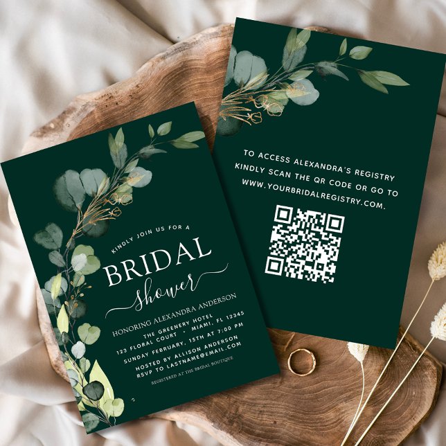 Invitación Ducha nupcial Código QR Eucalipto verde esmeralda (Subido por el creador)