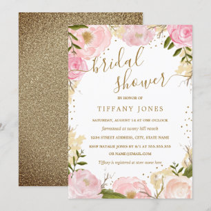 Invitación Ducha Nupcial con Acuarela de Rosa Floral en Oro R